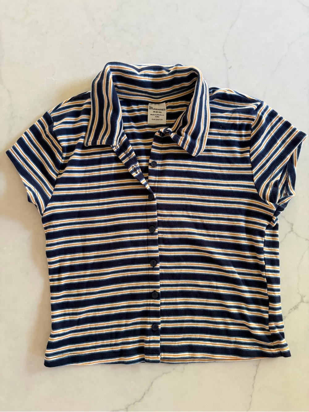 No Boundaries Navy, White & Tan Striped Polo Shirt